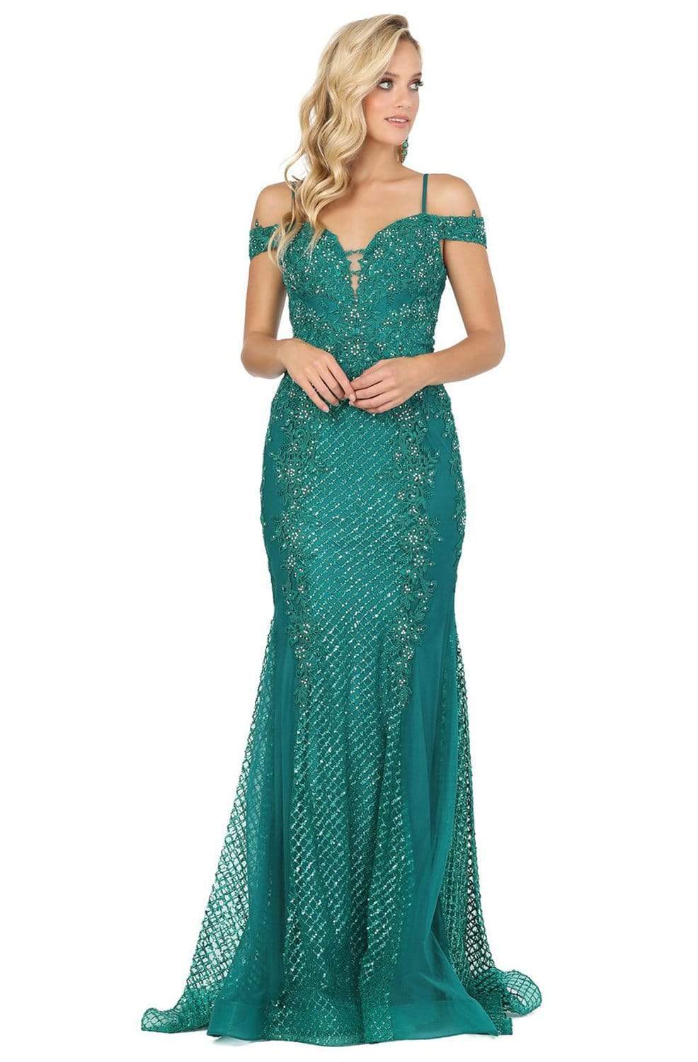 Image of Dancing Queen - 2995 Off Shoulder Deep V-Neck Lace Sequins Prom Gown