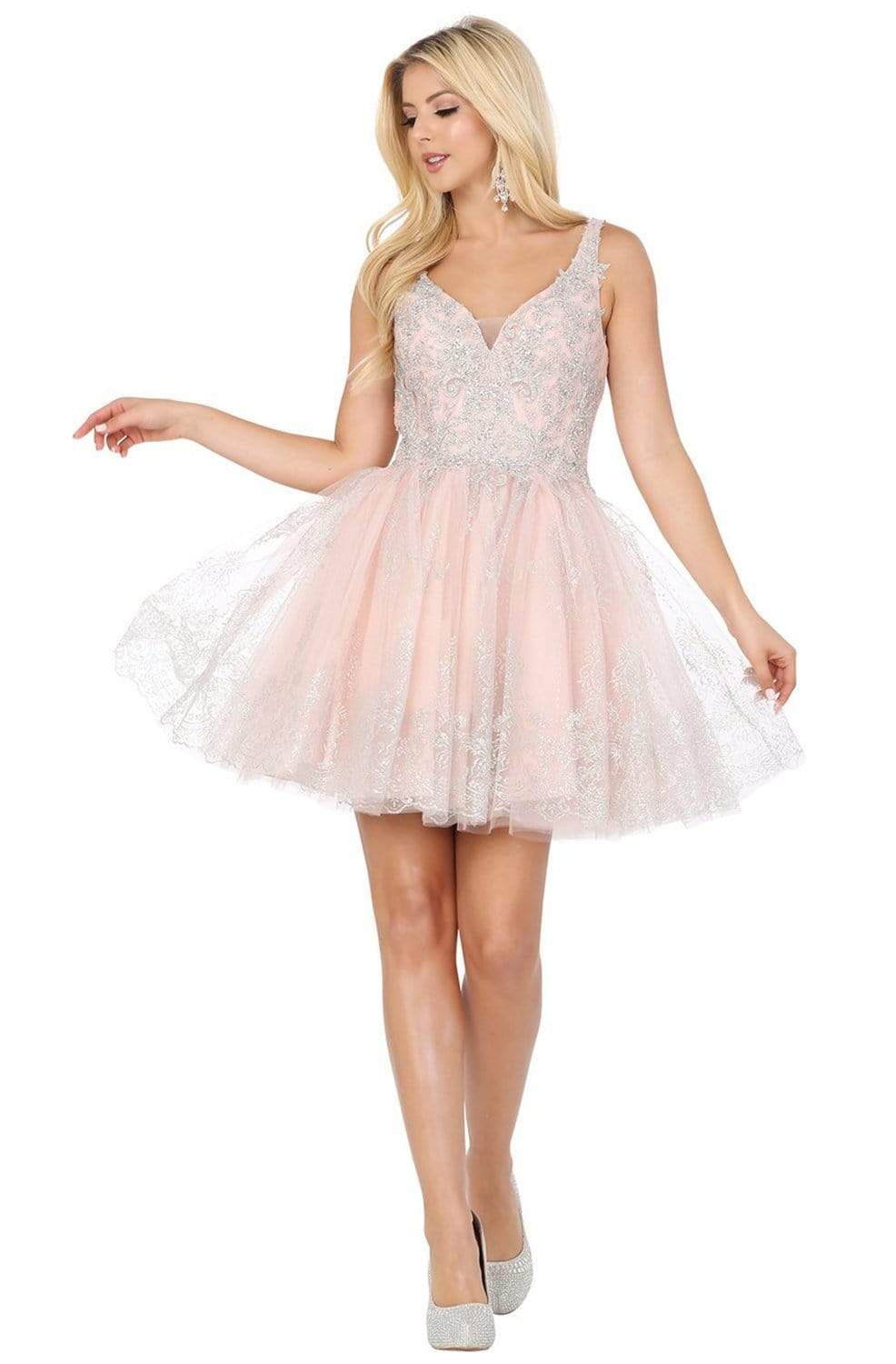 Image of Dancing Queen - 3237 Sleeveless V Neck Lace Applique Cocktail Dress
