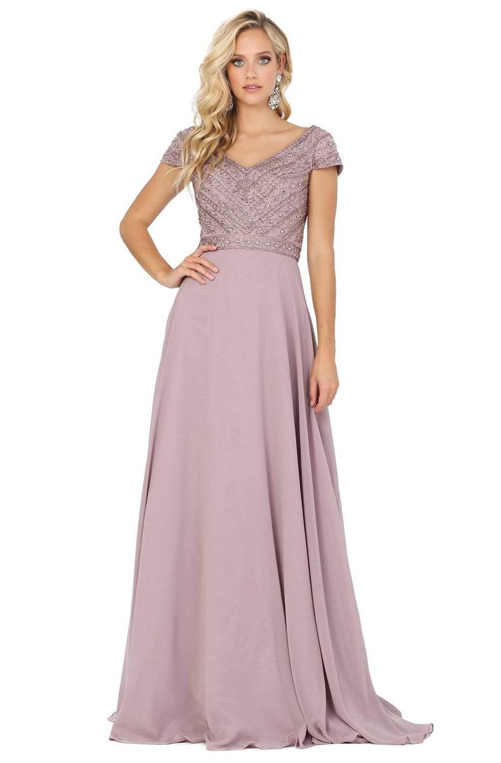 Image of Dancing Queen - 4015 Short Sleeve Beaded Bodice Chiffon Gown
