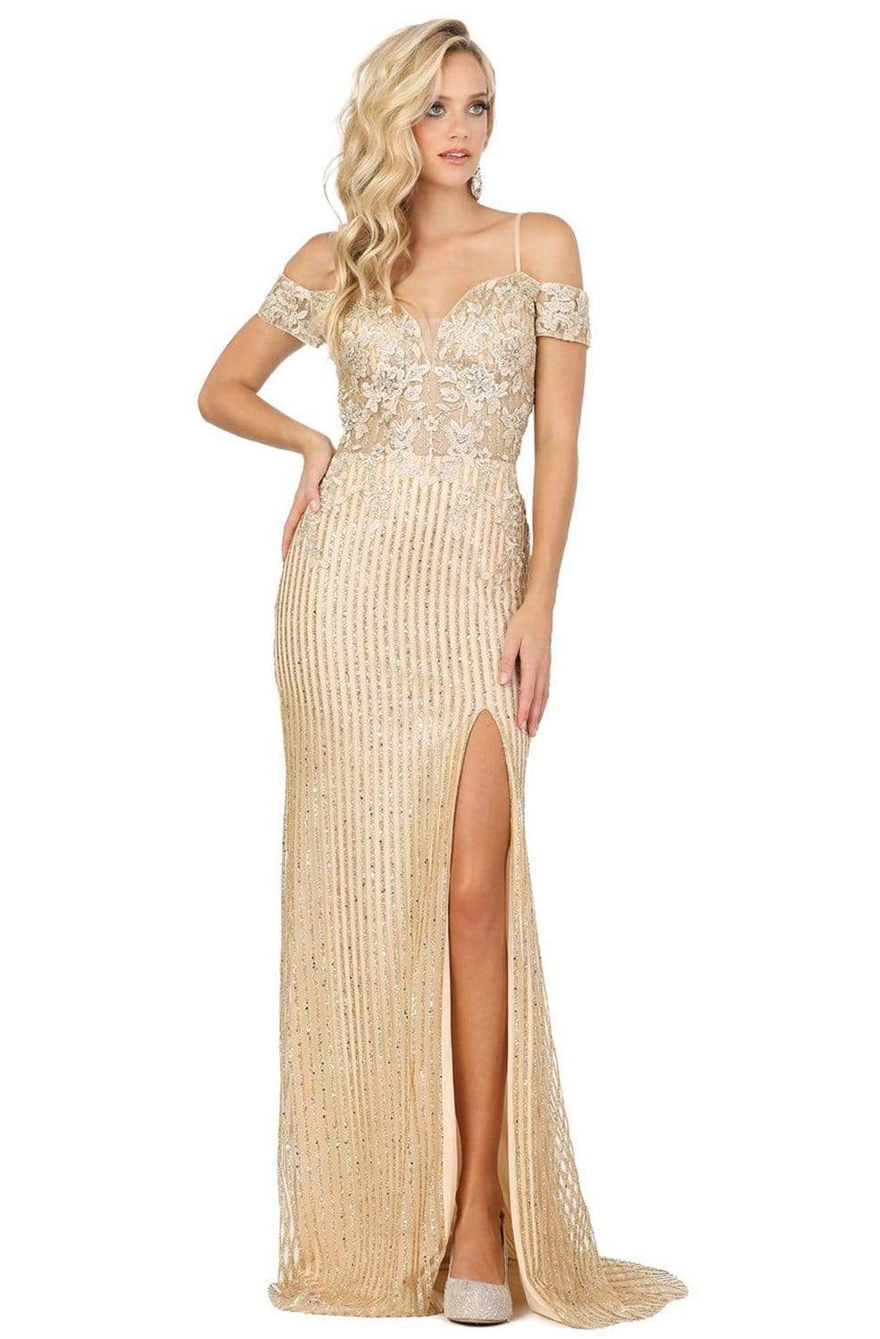 Image of Dancing Queen - 4019 Embroidered Deep Off-Shoulder Trumpet Dress