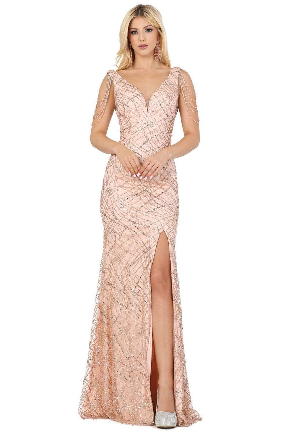 Image of Dancing Queen - 4063 Bead Garlanded High Slit Glitter Gown