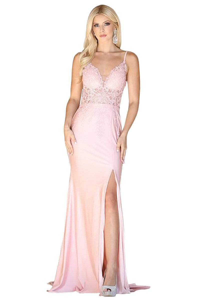 Image of Dancing Queen - 4091 Appliqued Plunging Prom Dress with Slit