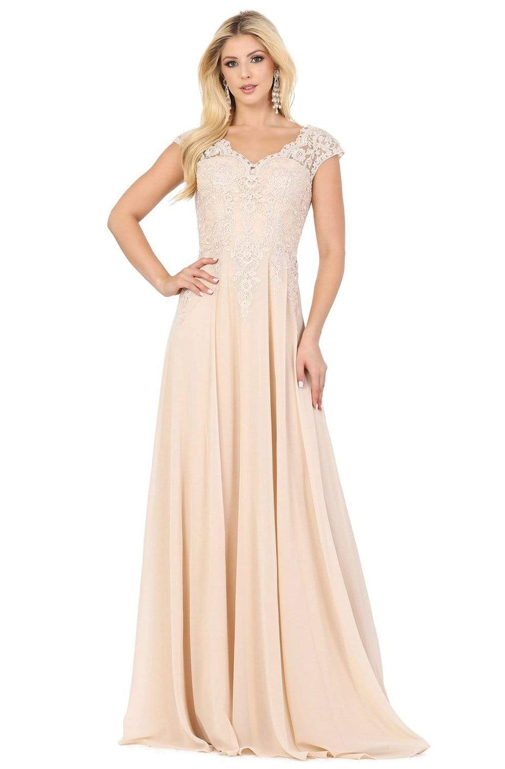 Image of Dancing Queen - 4122 Sheer Cap Sleeve Floral Lace Bodice Dress