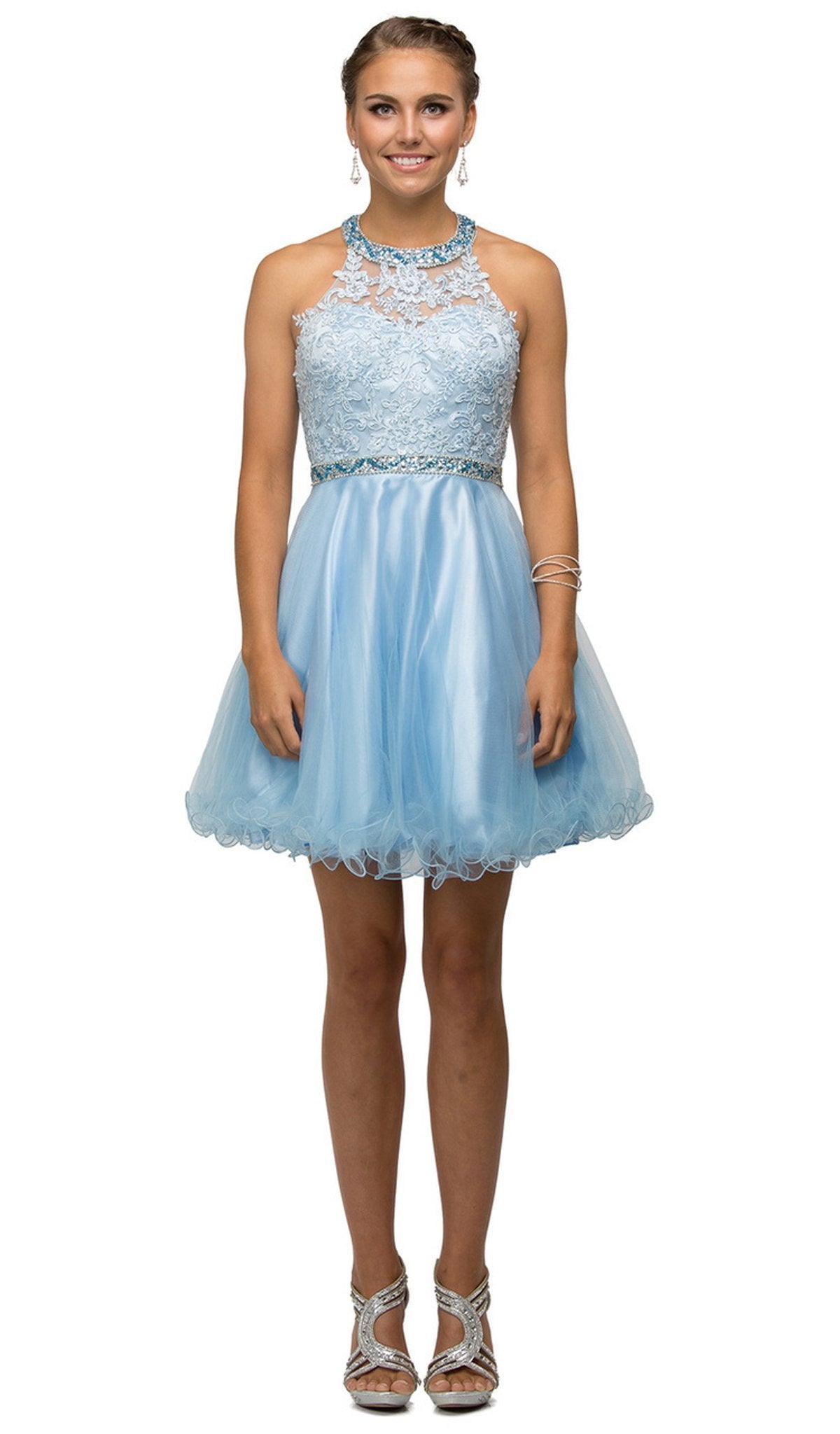 Image of Dancing Queen - 9534 Bejeweled Collar Halter Lace A-Line Homecoming Dress