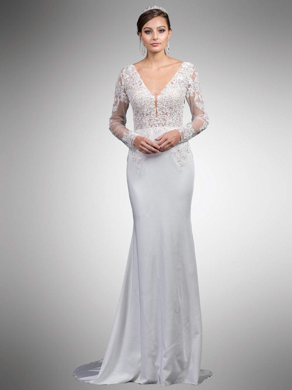 Image of Dancing Queen Bridal - 52 Beaded Lace Long Sleeve V-neck Sheath Dress