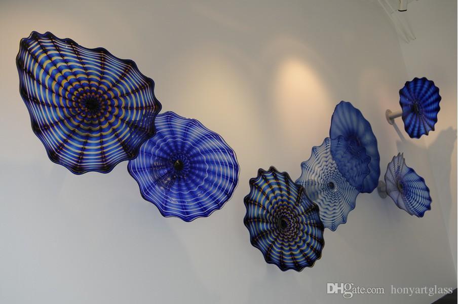 Image of Dark Blue Decoration Lamp Flower Art Europe Style Mouth Blown Murano Glass Plates for Fireplace Stair Wall Decor