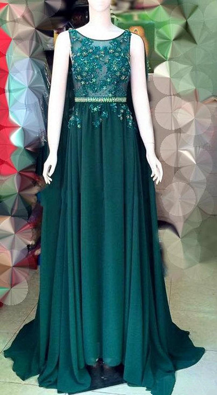 Image of Dark Green Cape Style Pageant Evening Dresses Elie Saab Lace Applique Beads Chiffon Prom Sweep Train Formal Party