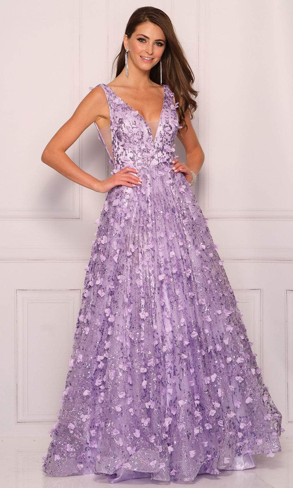 Image of Dave & Johnny 11093 - V-Neck Floral Appliqued Prom Ballgown