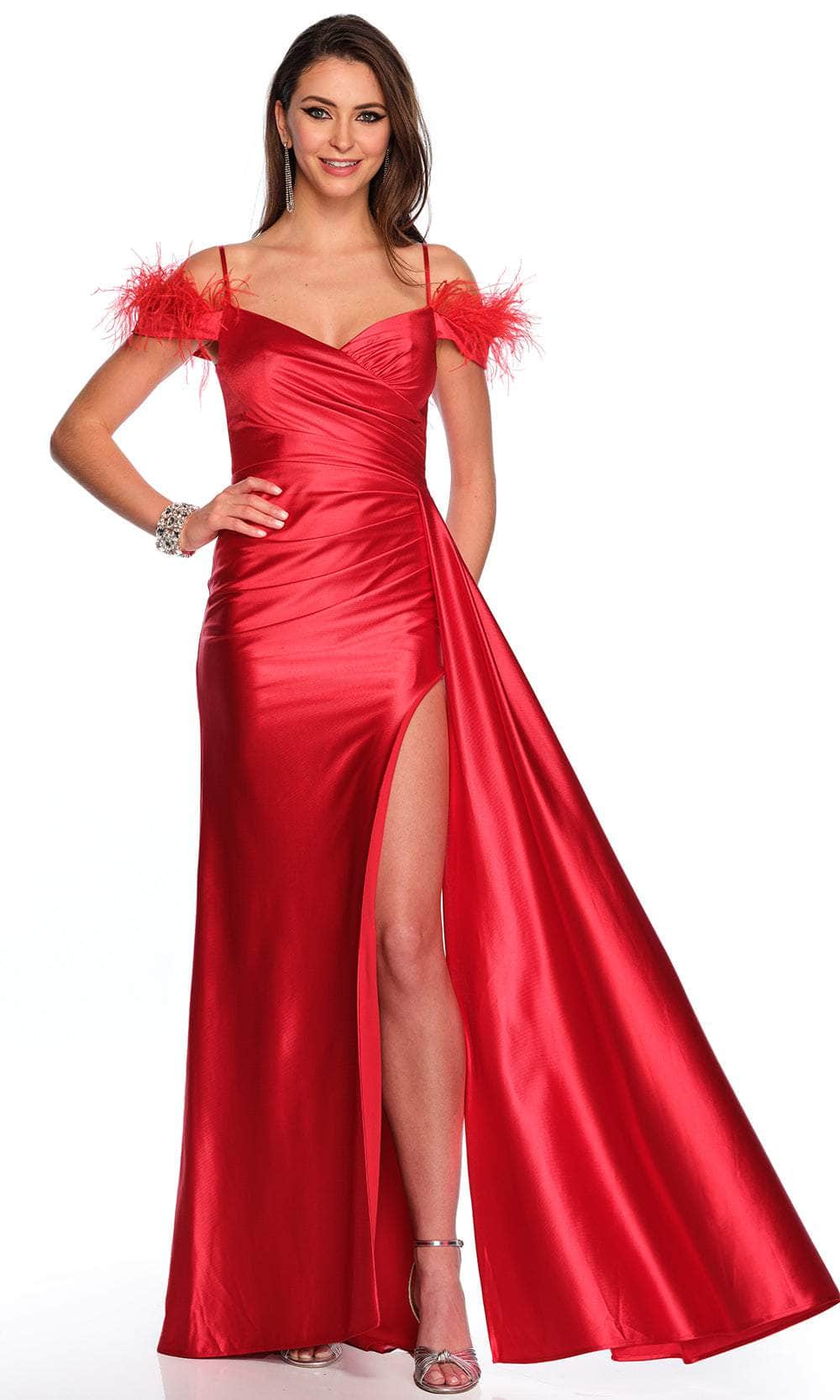 Image of Dave & Johnny 11217 - Feather Trim Off-Shoulder Prom Gown