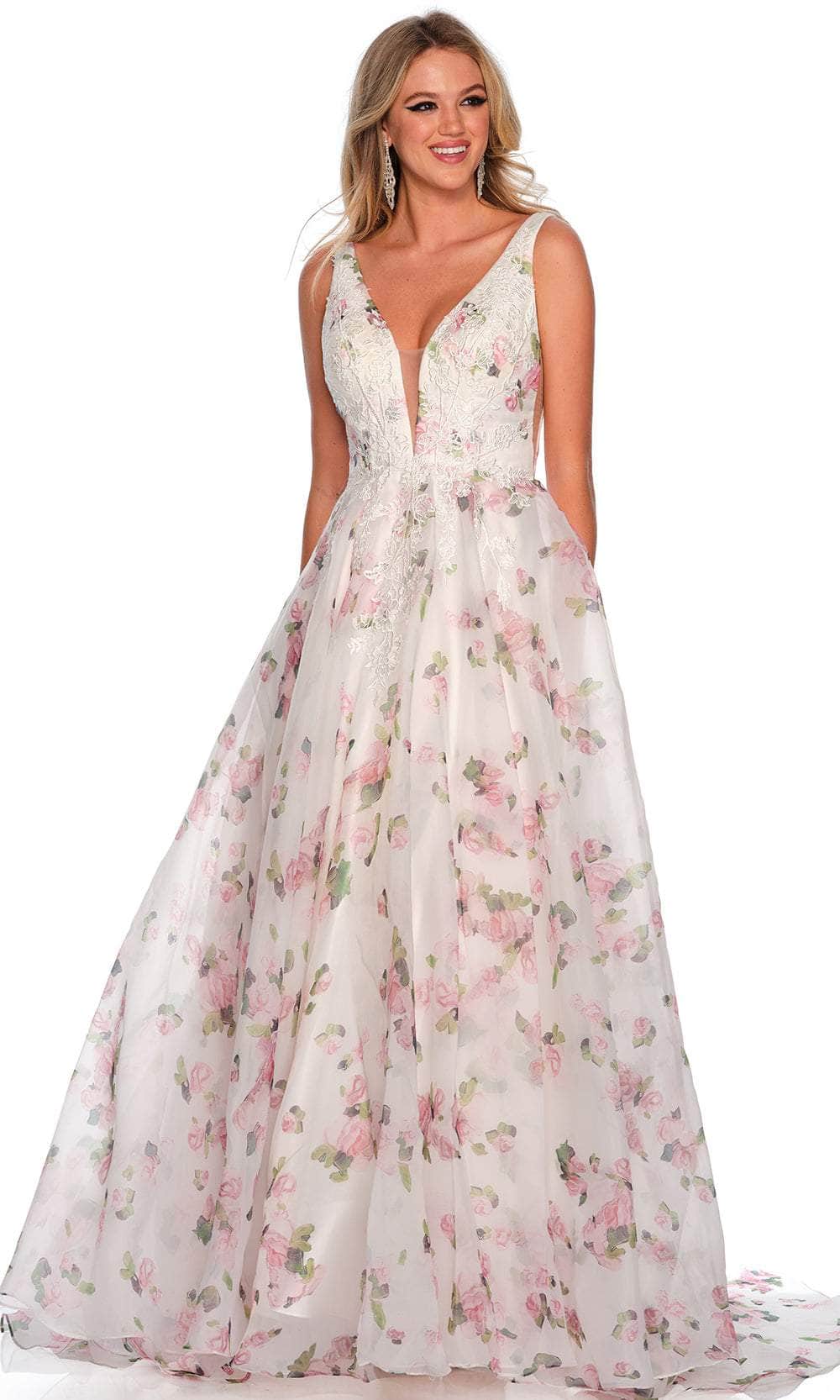 Image of Dave & Johnny 11427 - Plunging V-Neck Floral Printed Prom Gown