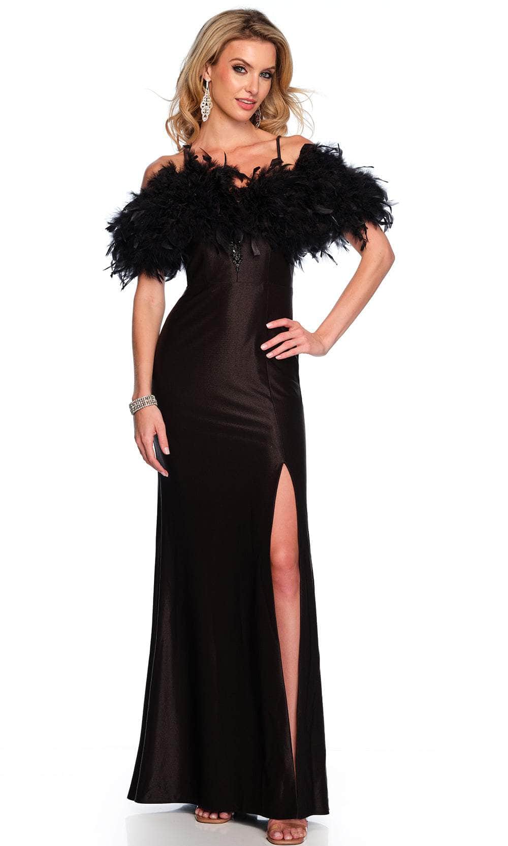 Image of Dave & Johnny 11436 - Cold Shoulder Feather Detailed Prom Gown