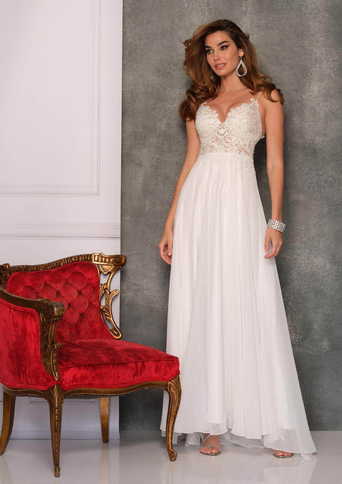 Image of Dave & Johnny - A7248 Semi Sheer Lace Top Spaghetti Strap Prom Gown