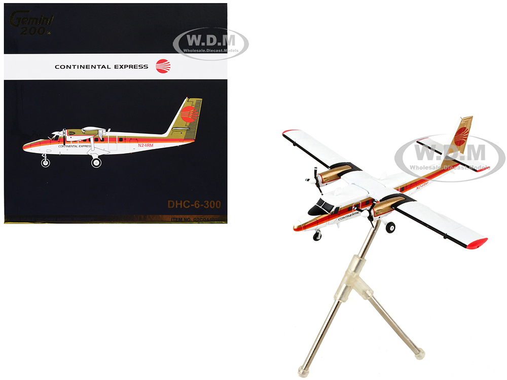 Image of De Havilland DHC-6-300 Commercial Aircraft "Continental Express" White with Red Stripes and Gold Tail "Gemini 200" Series 1/200 Diecast Model Airplan