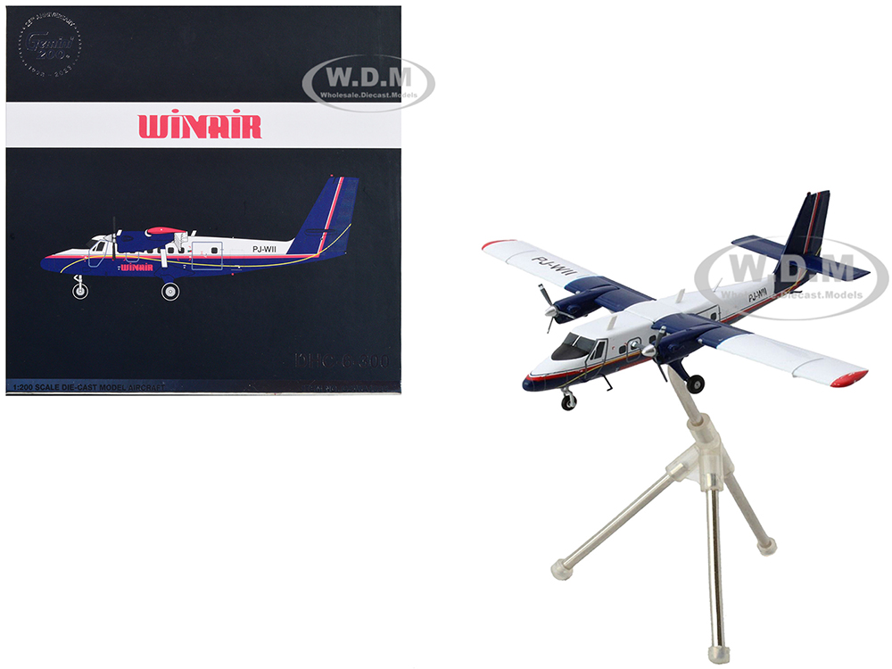 Image of De Havilland DHC-6-300 Commercial Aircraft with Flaps Down "Winair" White and Blue with Red Stripes "Gemini 200" Series 1/200 Diecast Model Airplane