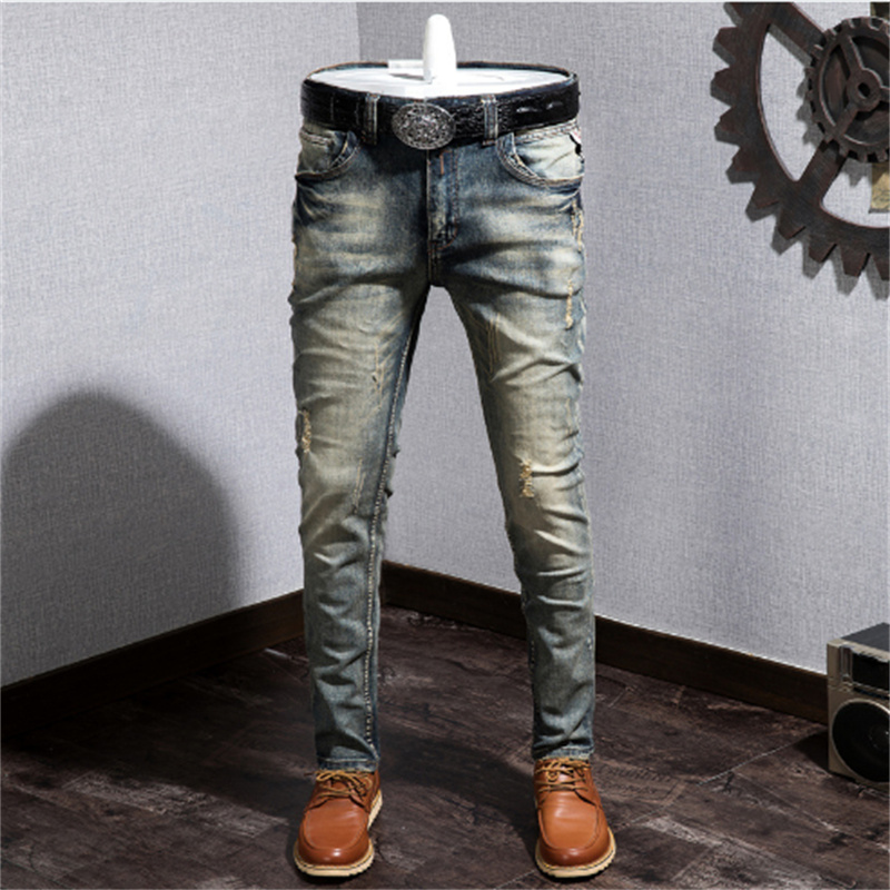 Image of Designer jeans mens pants linen pants Hip Hop Men Jeans Distressed Ripped Biker Slim Fit Motorcycle Denim For Men&#039s European and Americ