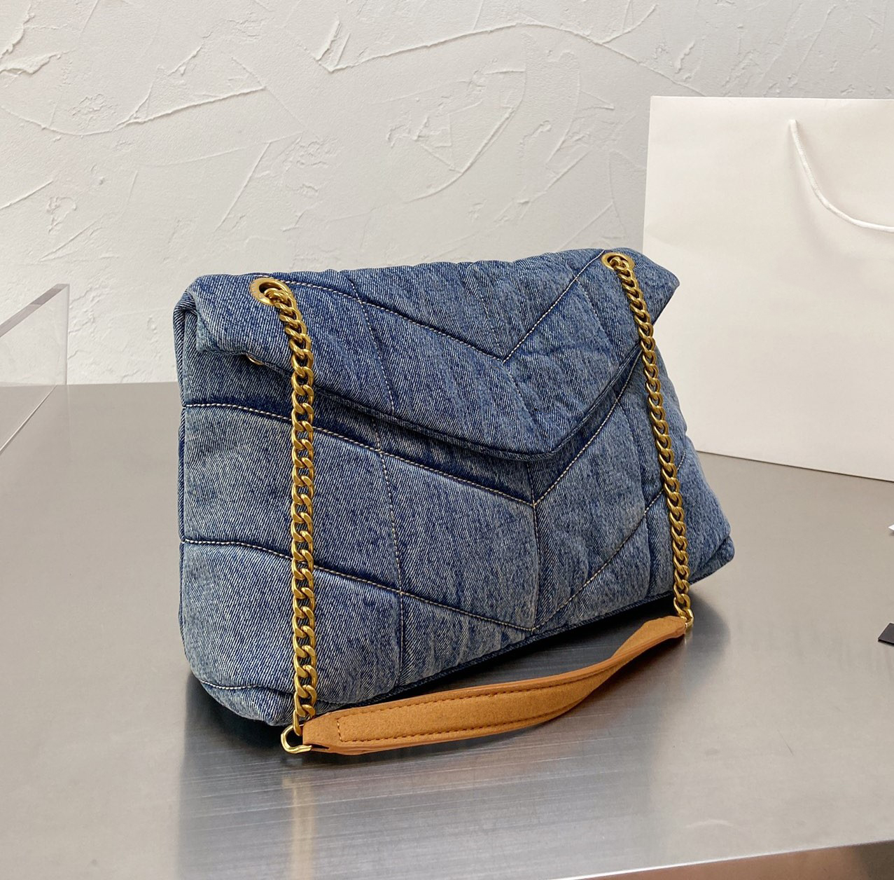 Image of Designers Women Washed Denim Bag LOULOU Puffer Fashion Classic flap bag messenger bag Shopping Bags Luxury Handbag Purse Chain Cowboy Crossbody