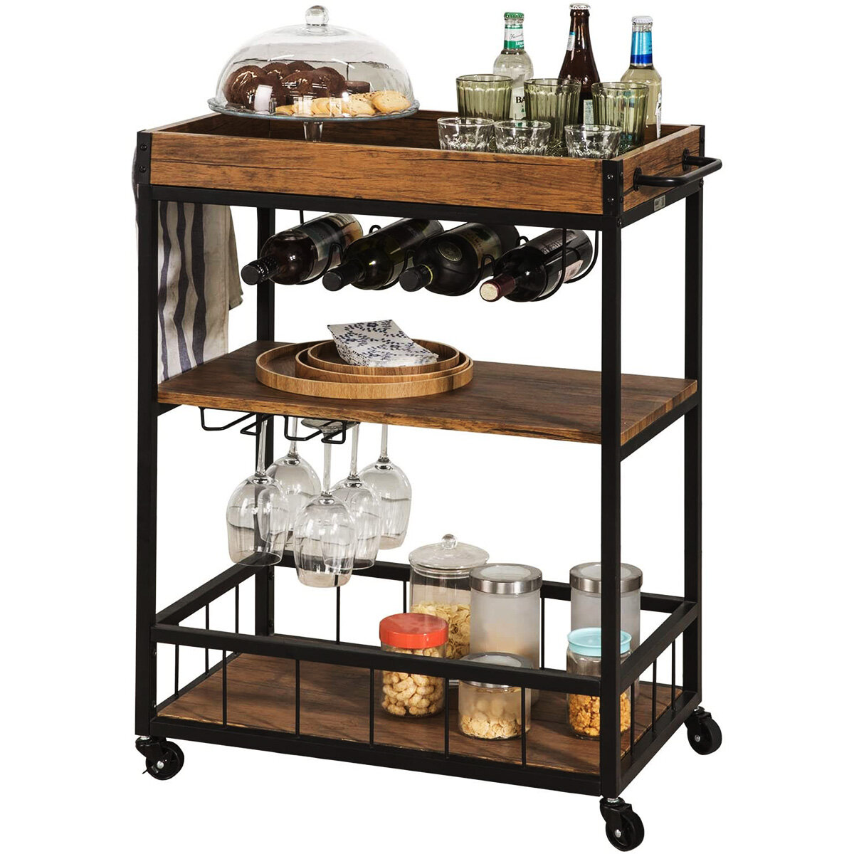 Image of Dinaza 3-Tier Bar Carts Kitchen Serving Utility Cart on Wheels with Storage for Outdoor Kitchen Club Living RoomWood F