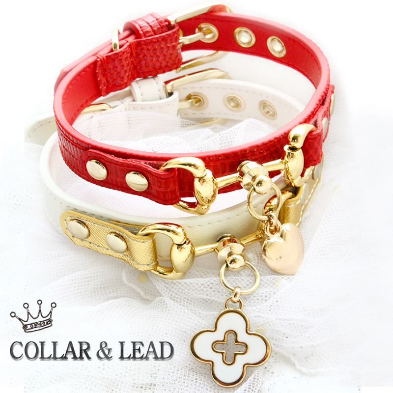 Image of Dog collars leather leash Premium real calfskin Goldplated buckle red lizard pattern white litchi pattern cat pet accessories