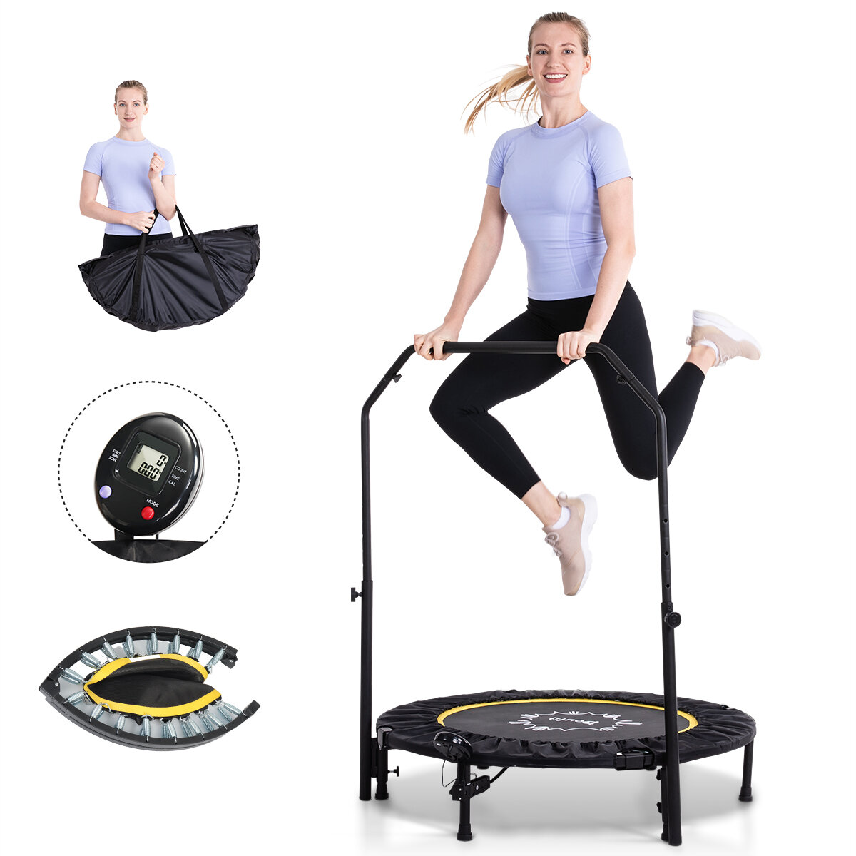 Image of Doufit TR-03 Foldable Trampoline for Adults Fitness 40" Max Load 330LBS Foldable with Adjustable Handle Safety Pads Exer