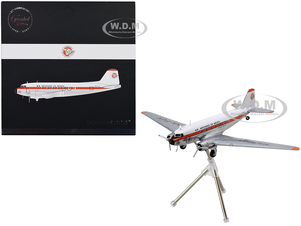 Image of Douglas DC-3 Commercial Aircraft "Aeronaves de Mexico" (XA-FUV) White and Silver with Orange Stripes "Gemini 200" Series 1/200 Diecast Model Airplane