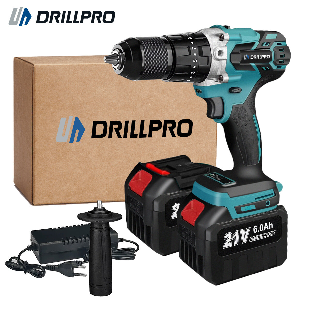 Image of Drillpro 21V High Torque Brushless Electric Drill with 1/2" Keyless Chuck LED Light 3-in-1 Functions 0-1800rpm Speed Inc