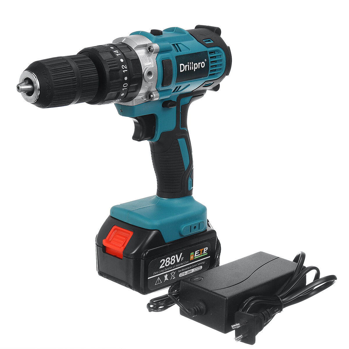Image of Drillpro 288VF 3 in 1 Cordless Impact Drill 13mm Chuck LED Flat Drill Screwdriver Hammer W/ 1/2pcs Battery
