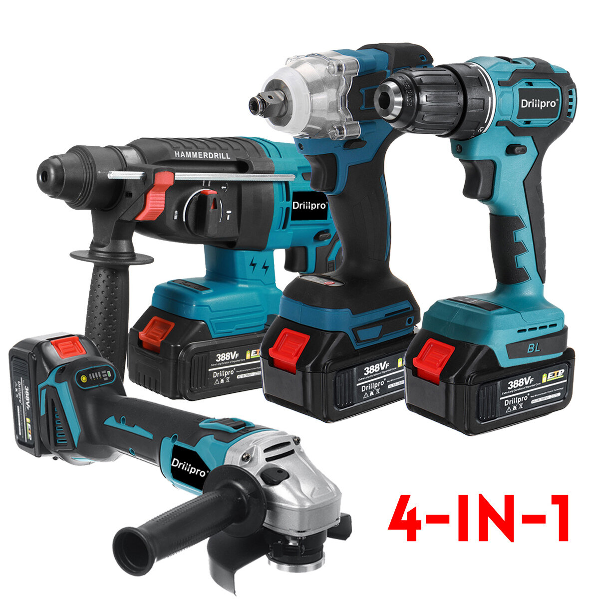 Image of Drillpro 4PCS Electric Hammer/Angle Grinder/Impact Wrench/Electric Drill Tool Combination