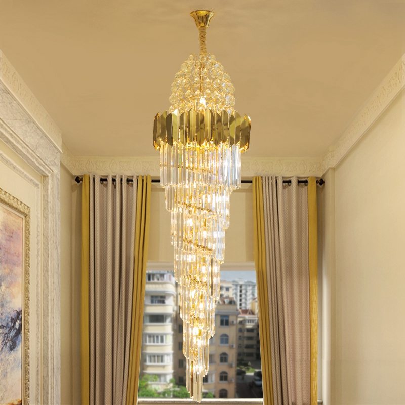 Image of Duplex Middle Floor Spiral Staircase Long Crysrtal Chandeliers Villa Living Room Crystal Lamp Hotel Custom Big Crystal Chandelier Lighting