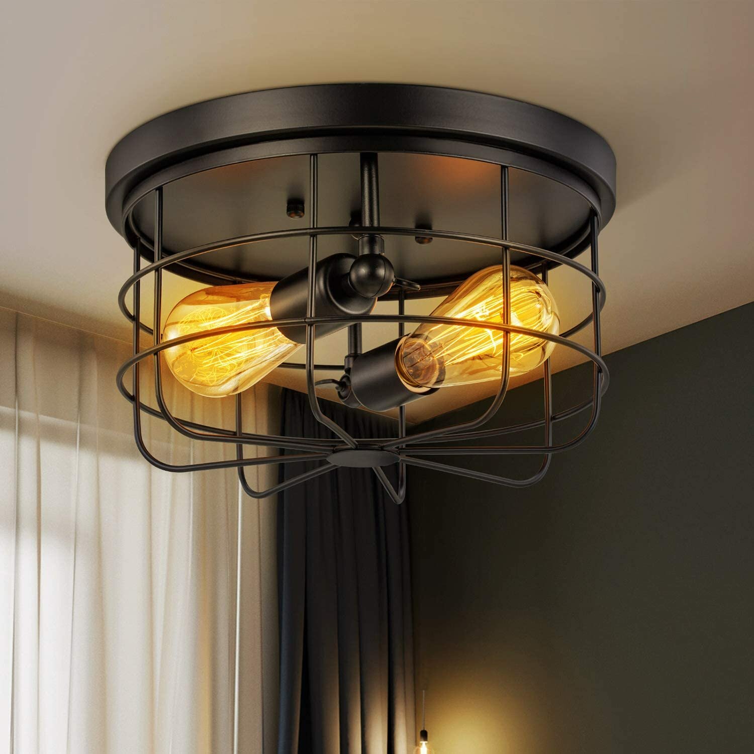 Image of E26/E27 Industrial Vintage Metal Round Pendant Lamp Semi Flush Mount Ceiling Light Shade Without Bulb