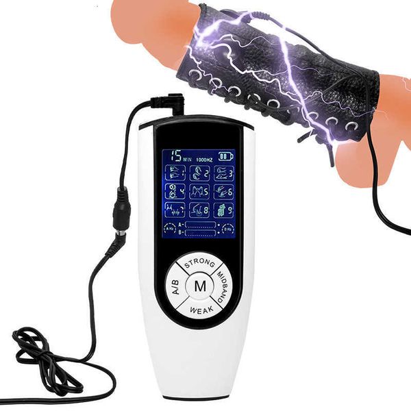 Image of ENH 834873919 toys penis ring electric shock suit leather toy male masturbation electric orgasm long double electrode cock