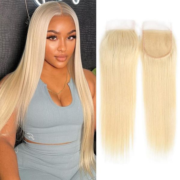Image of ENM 231186470 brazilian body wave transparent lace closure human hair 4x4 5x5 6x6 7x7 100% 613 blonde hair straight bleached knots pre plucked part lace c