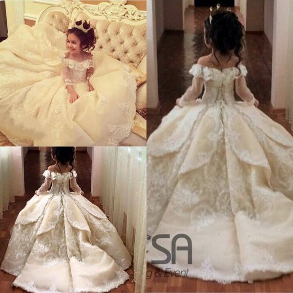 Image of ENM 373060731 vintage princess flower girls dresses lace off-shoulder special occasion for weddings ball gown kids pageant gowns communion dresses
