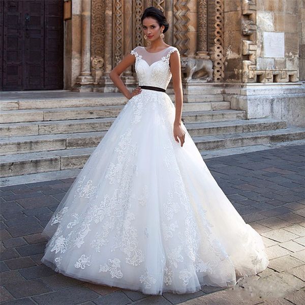 Image of ENM 399542792 scoop ball gowns white lace applique wedding dresses with black sashes backless bridal gowns vestidos de noiva
