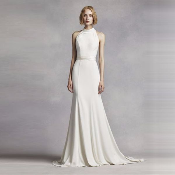 Image of ENM 399918264 elegant simple high neck halter wedding dress white mermaid back sweep train bridal gowns vw351263