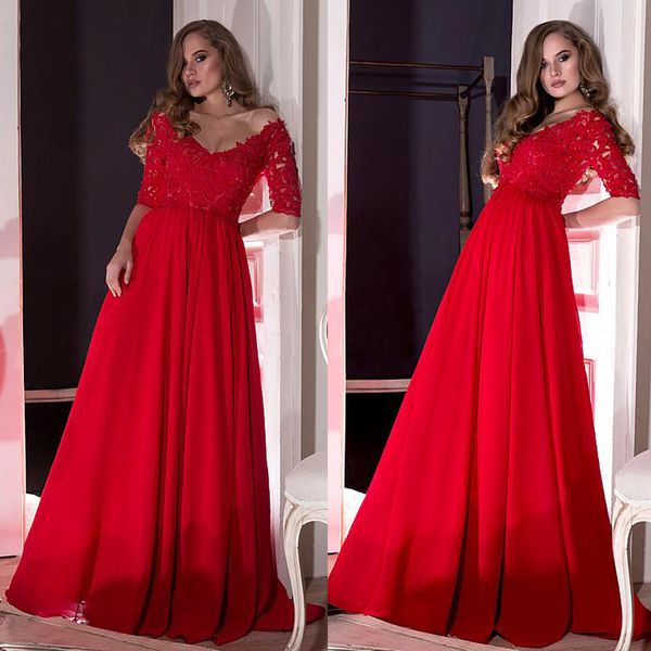 Image of ENM 403554928 v-neck neckline half sleeves a-line prom dresses with beaded lace appliques red evening dress vestidos de fiesta baratos