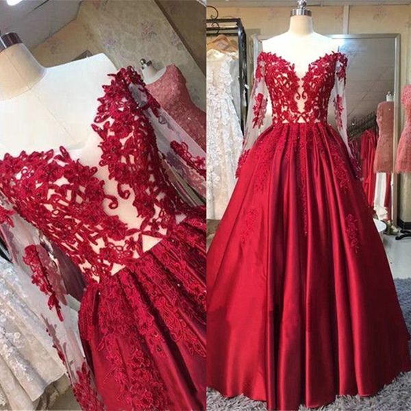 Image of ENM 404147676 lace appliques off-the-shoulder puffy red long sleeves prom dresses see through matte satin evening dress vestidos largos de fiesta