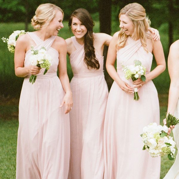 Image of ENM 404364166 pink designer halter sheath bridesmaid dresses chiffon long party formal gowns vestidos de madrinha
