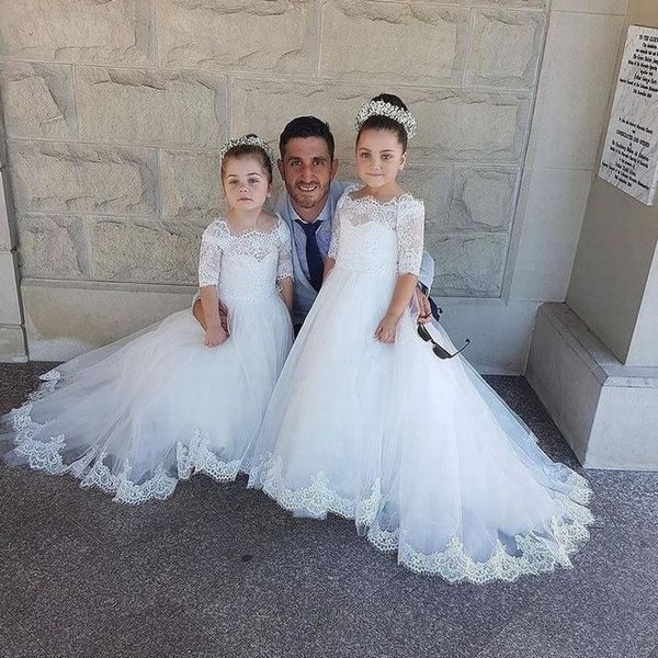 Image of ENM 410175788 off the shoulder white princess kid&#039s wedding gowns half sleeves lace tulle flower girl dresses girl party bridesmaid children dress sm