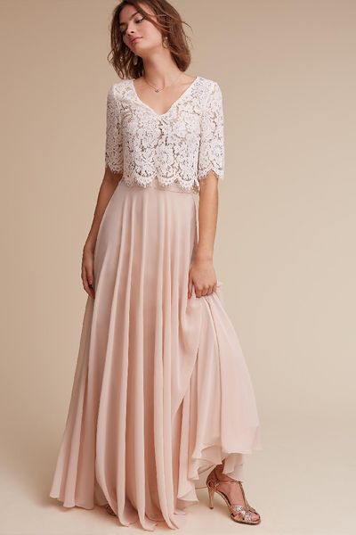 Image of ENM 416869652 elegant dusty pink two pieces country long bridesmaid dresses short sleeves lace applique long evening party prom dreesses hy289
