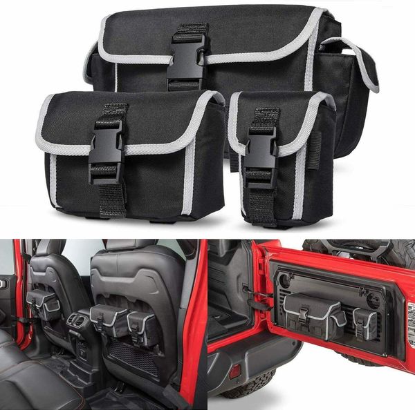 Image of ENM 452692787 black canvas car backseat storage bag & tailgate organizer for jeep wrangler 18+ jl/jlu rubicon