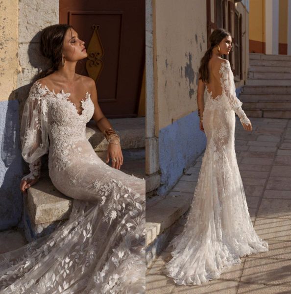 Image of ENM 473138409 lian rokman wedding gowns one sleeve backless mermaid bridal bridal dress sweep train country lace robe de mariage