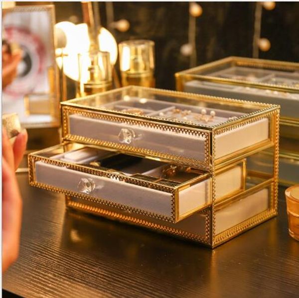 Image of ENM 475204718 storage boxes copper-rimmed glass jewelry earrings ring necklace finishing box frame dust-proof cloth