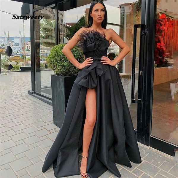 Image of ENM 551017933 satsweety black high split evening dresses strapless feather draped satin prom dress custom made formal party gowns