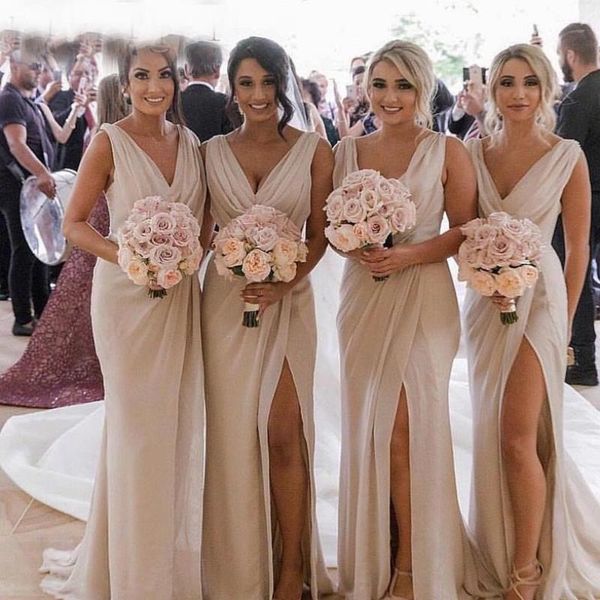 Image of ENM 553178669 champagne bridesmaid dresses chiffon deep v neck front side split plus size maid of honor gown wedding guest dress