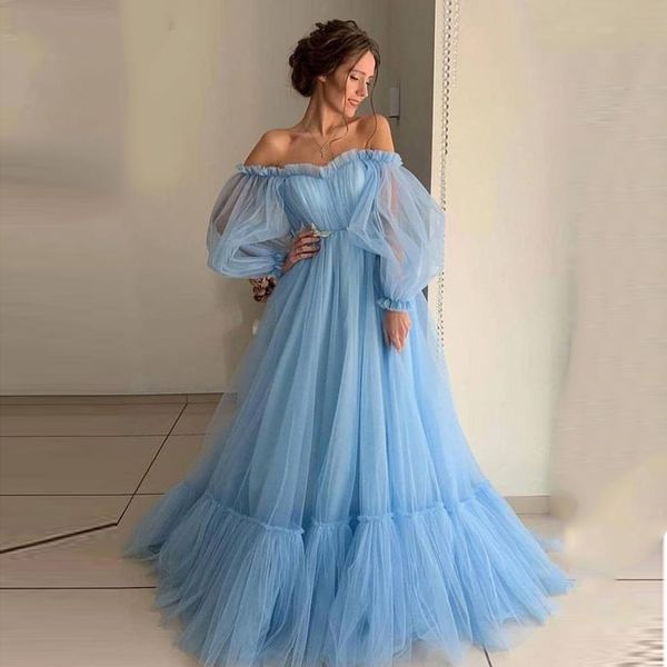 Image of ENM 563149018 light sky blue prom dresses long sleeve off the shoulder princess dress tulle lace-up formal evening party dresses plus size