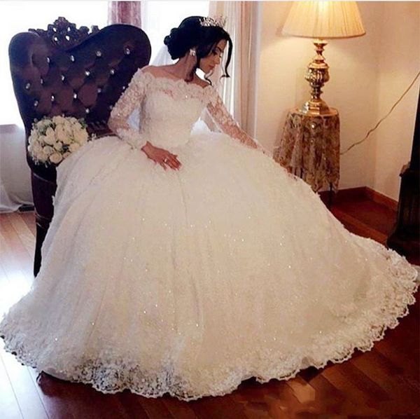 Image of ENM 579257062 2021 princess ball gown wedding dresses long sleeve lace appliques sequins arabic dubai bride dress formal church plus size bridal gowns