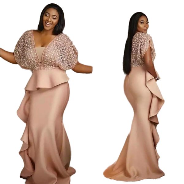 Image of ENM 586655363 2021 plus size african mermaid prom dresses v neck ruffles peplum short sleeve formal evening gowns women trumpet special party dress