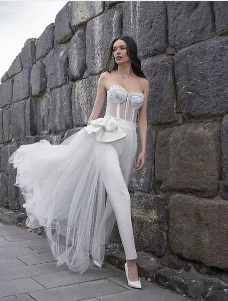 Image of ENM 593594188 2021 illusion jumpsuits wedding dress bridal gowns peplum ruched crystal beads strapless sweetheart bride outdoor casual elopement dresses