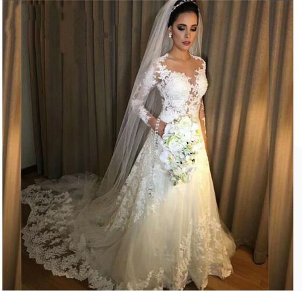 Image of ENM 652990246 elegant a line lace wedding dress chapel train ivory country garden bridal gowns illusion long sleeve sheer jewel neck 2022 wedding dresses