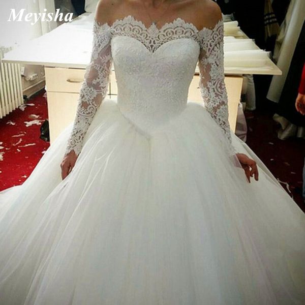 Image of ENM 668795163 zj9151 ball gown elegant long sleeve wedding dress for plus size women 2021 bride dresses lace bottom